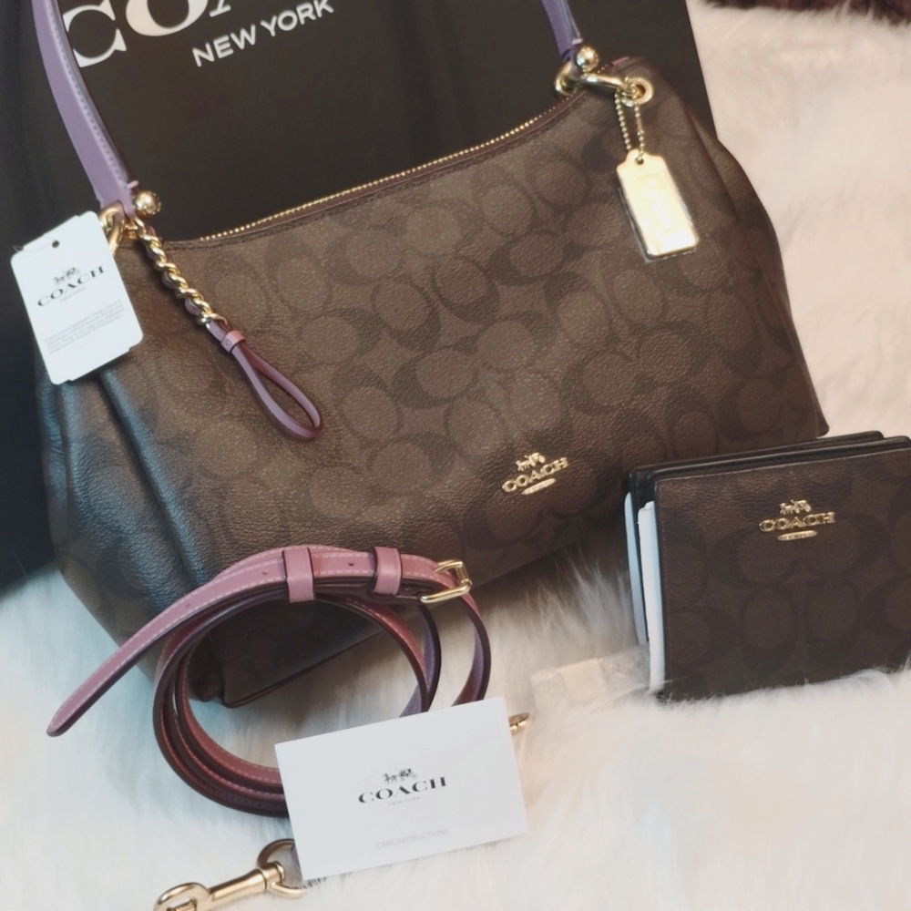 COACH BUNDLE CROSSBODY BAG Brown Black PINK SIGNATURE Satchel & Wallet SET - Picture 9 of 13